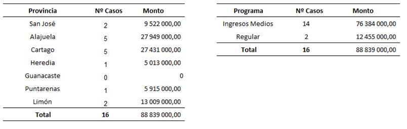 Cuadro que muestra las distribución de los bonos otorgados a parejas del mismo sexo en el 2020 por provincia y programa.